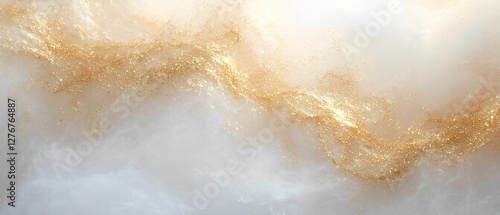 Ethereal golden particles dance gracefully across a serene, cloud-like backdrop, creating a mesmerizing background that evokes a sense of celestial wonder