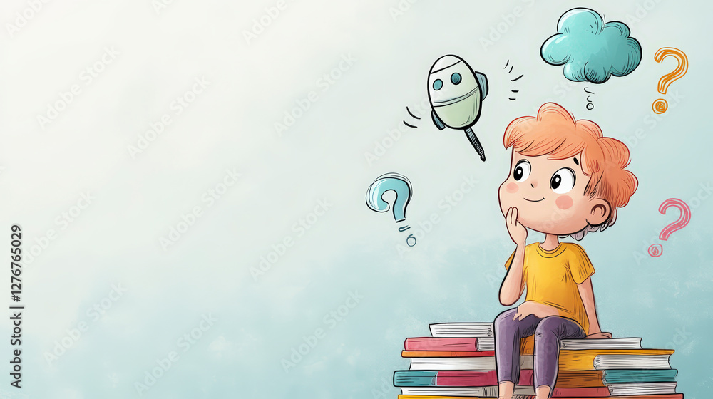 Child ponders AI concepts, sitting on books, surrounded by colorful question marks and cloud bubbles, representing curiosity and education. Child ponders AI concepts, sitting on books, surrounded by colorful question marks and cloud bubbles, representing curiosity and education.