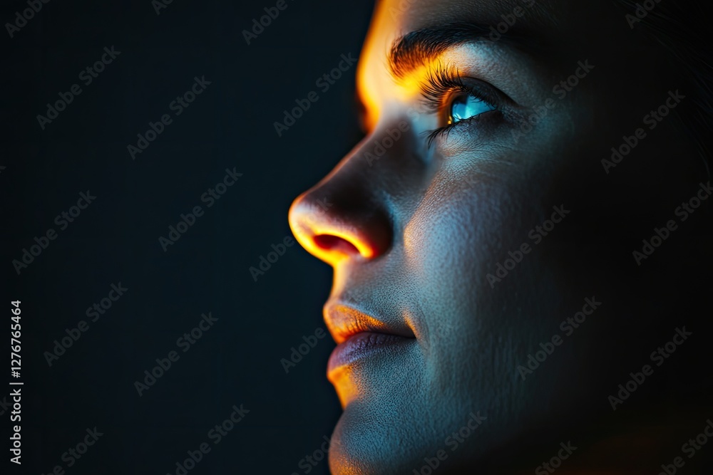 capture thoughtful portrait of diverse individual face illuminated by glow of computer screen highlighting digital capture thoughtful portrait of diverse individual face illuminated by glow of computer screen highlighting digital