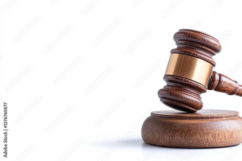 close-up of gavel resting on wooden block with seamless white background emphasizing polished wood texture close-up of gavel resting on wooden block with seamless white background emphasizing polished wood texture