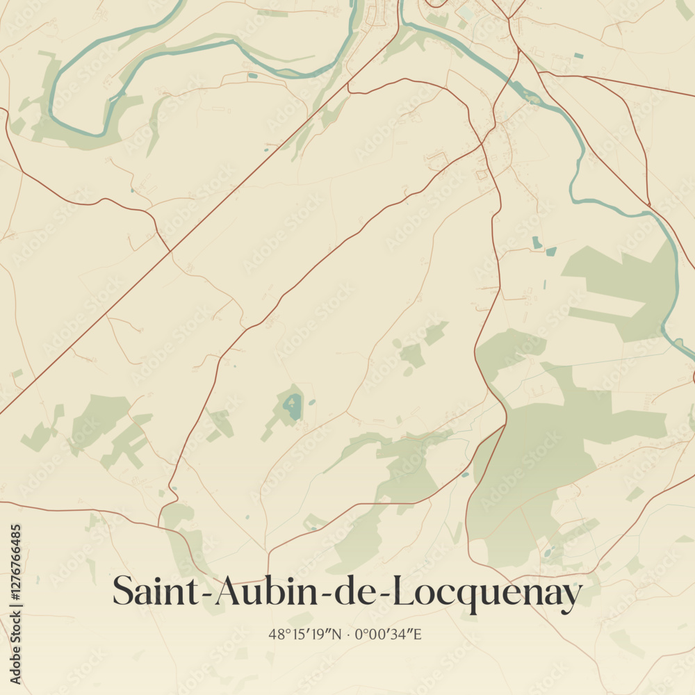 Fototapeta premium Vintage map of Saint-Aubin-de-Locquenay, France.