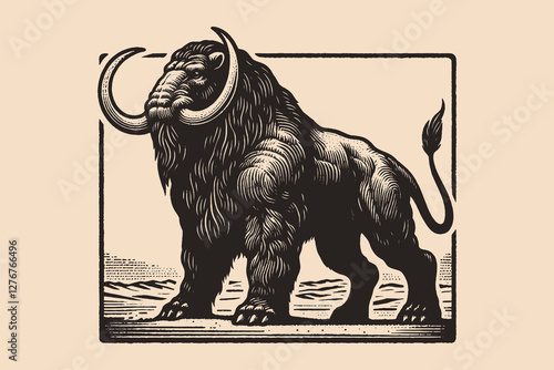 Vintage black and white engraving of Behemoth, mythical beast.