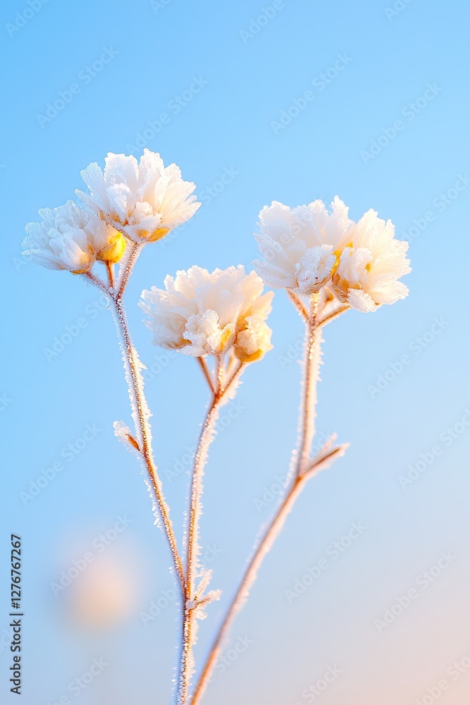 frost-covered flowers glowing softly under diffused morning sunlight with intricate ice details in focus frost-covered flowers glowing softly under diffused morning sunlight with intricate ice details in focus