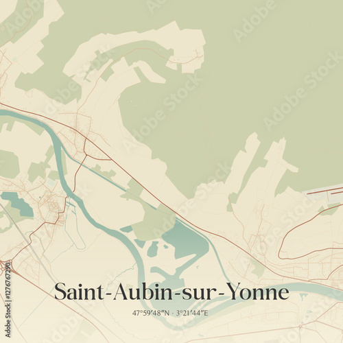 Vintage map of Saint-Aubin-sur-Yonne, France.