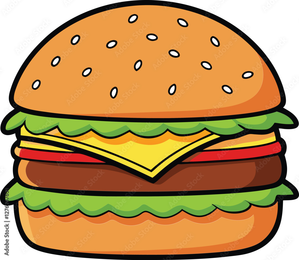 Burger vector illustration, delicious fast food, cheeseburger with lettuce, tomato, and cheese, restaurant meal, food icon, isolated on white background, flat design.
Burger vector illustration, delicious fast food, cheeseburger with lettuce, tomato, and cheese, restaurant meal, food icon, isolated on white background, flat design.