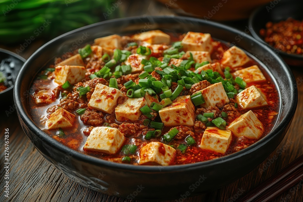 Steaming Mapo Tofu bowl with Sichuan chili oil, tofu, minced pork, spices Steaming Mapo Tofu bowl with Sichuan chili oil, tofu, minced pork, spices