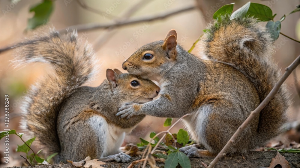 Obraz premium Intimate encounter of two squirrels forest floor wildlife photography serene woodland close-up view nature interaction