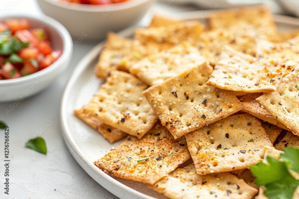 Spicy crackers on plate with salsa and herbs. Neural network AI generated Spicy crackers on plate with salsa and herbs. Neural network AI generated