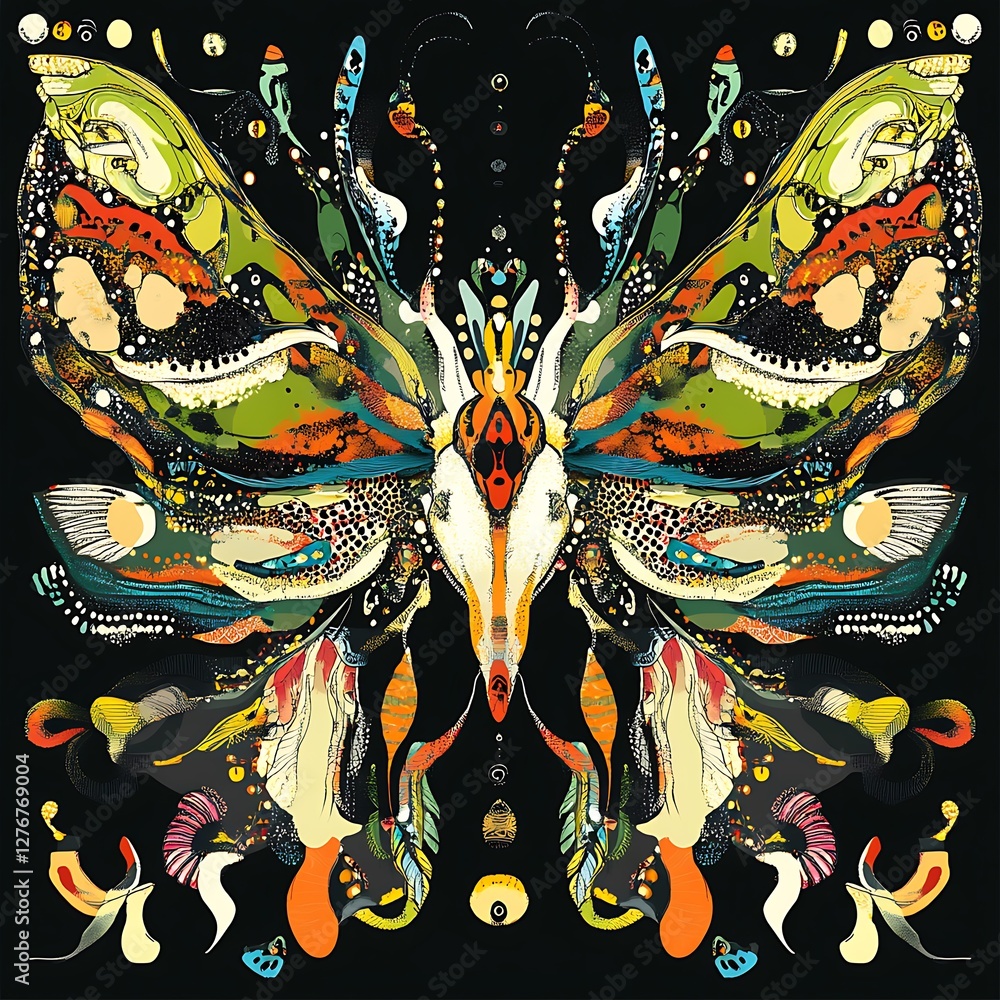 Abstract butterfly design, vibrant colors, black background. Suitable for art prints or digital wallpapers Abstract butterfly design, vibrant colors, black background. Suitable for art prints or digital wallpapers
