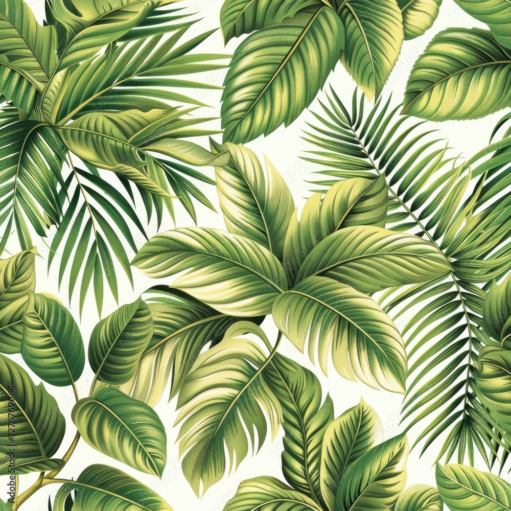 Lush Tropical Leaves Pattern with Varied Green Shades on Soft Background for Nature-themed Designs Lush Tropical Leaves Pattern with Varied Green Shades on Soft Background for Nature-themed Designs