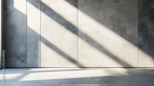 Wallpaper Mural Minimalist concrete room with sunlight casting strong diagonal shadows on the wall and floor, creating a stark architectural scene. Torontodigital.ca