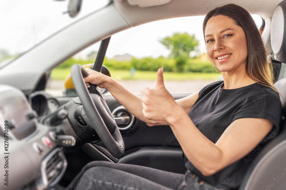 A young woman with long brown hair and a bright smile sits in the driver's seat of a yellow car, giving a thumbs-up gesture through the open window with a confident and positive expression.