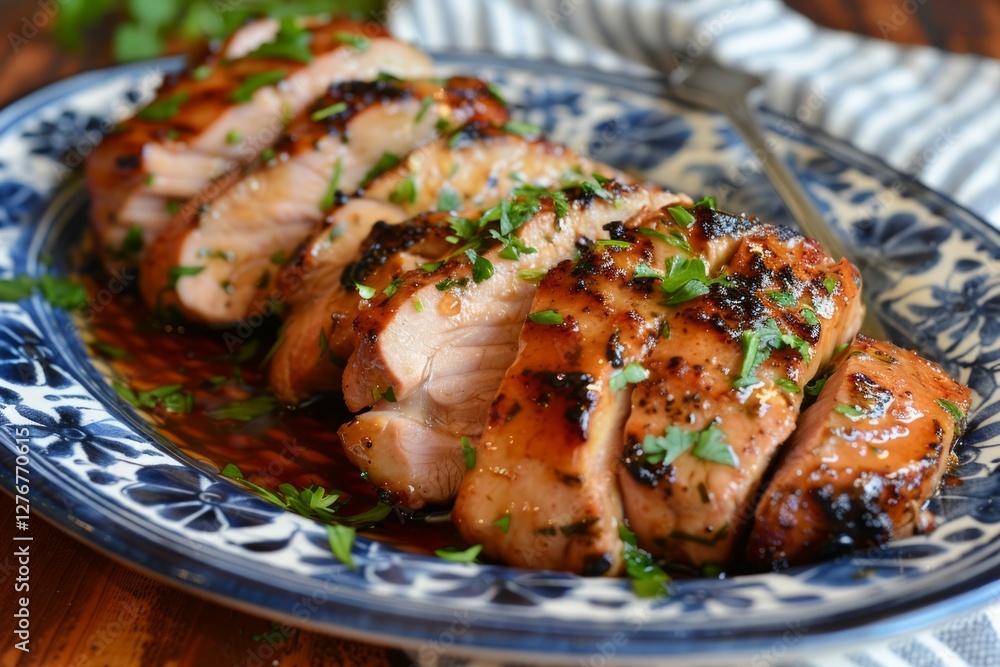 Glazed pork tenderloin on white platter with herb garnish. Neural network AI generated Glazed pork tenderloin on white platter with herb garnish. Neural network AI generated