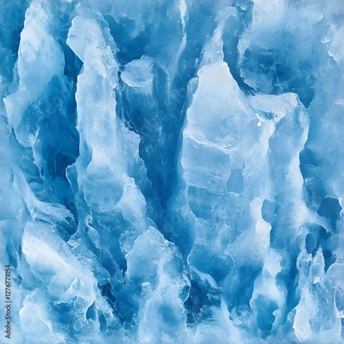 A textured close-up of blue ice, showcasing its jagged and crystalline structure with varying shades of light and dark blue.