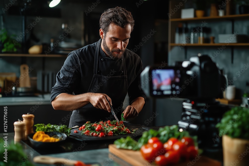 Professional Chef Filming Gourmet Dish Preparation in a Modern Studio Kitchen Professional Chef Filming Gourmet Dish Preparation in a Modern Studio Kitchen