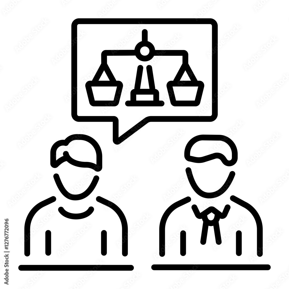 Legal debate between two characters, line style icon Legal debate between two characters, line style icon