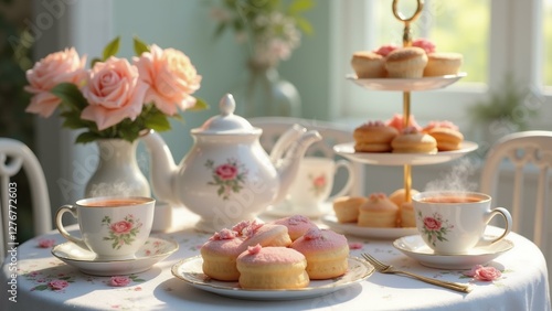 Wallpaper Mural   A delightful tea party scene with intricate details, featuring delicate china teacups, tiered tray with finger sandwiches and pastries, a steaming teapot, vas, ultra detailed, 8k resolution, HD Torontodigital.ca