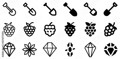 "Shovel, Raspberry, and Crystal Vector Icon Set – Gardening, Nature, and Elegance"