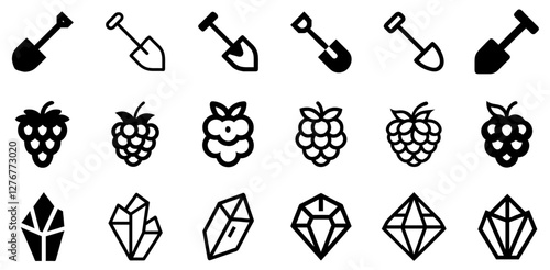 "Shovel, Raspberry, and Crystal Vector Icon Set – Gardening, Nature, and Elegance"