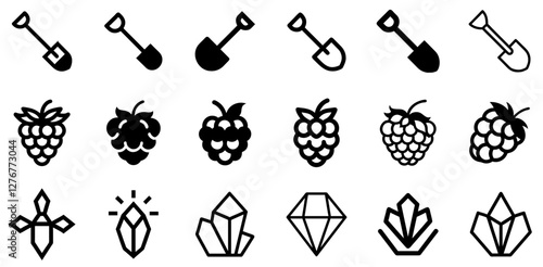 "Shovel, Raspberry, and Crystal Vector Icon Set – Gardening, Nature, and Elegance"