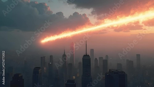 A dramatic city skyline at sunset, with a fiery meteor streaking through the sky, illuminating the buildings below and creating an atmosphere of urgency and awe