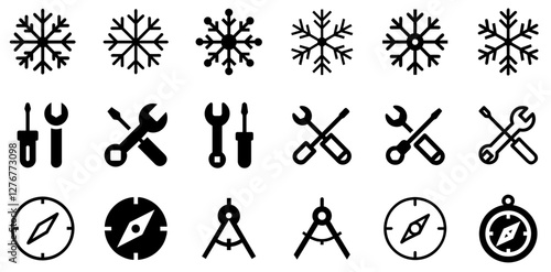 "Snowflake, Wrench and Screwdriver, and Compass Vector Icon Set – Precision, Tools, and Navigation"