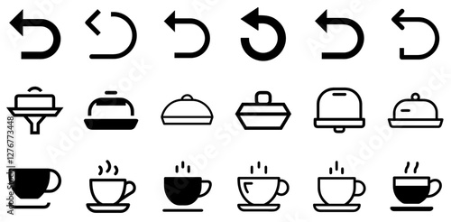 "Undo, Tray, and Tea Cup Vector Icon Set – Relaxation, Service, and Functionality"