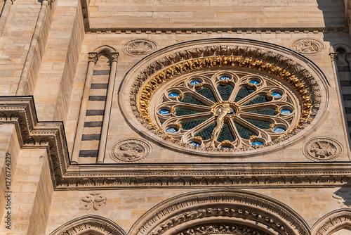 Fotografie Architectural fragments of Saint-Denis Basilica (Basilique royale de Saint-Denis, from 1144) - former medieval abbey church in commune of Saint-Denis, a northern suburb of Paris