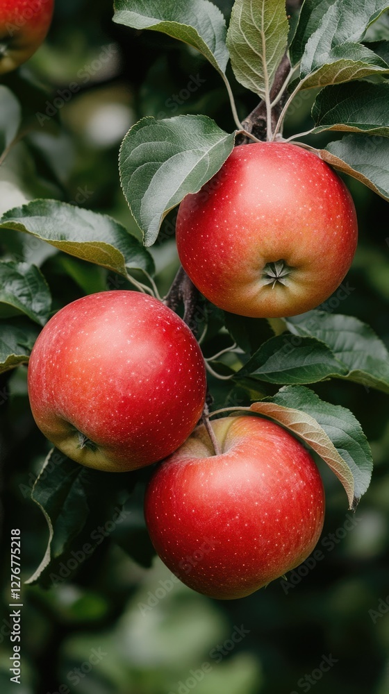 Close-up of bright red apples nestled among green leaves in an apple orchard, showcasing the beauty of harvest time Close-up of bright red apples nestled among green leaves in an apple orchard, showcasing the beauty of harvest time