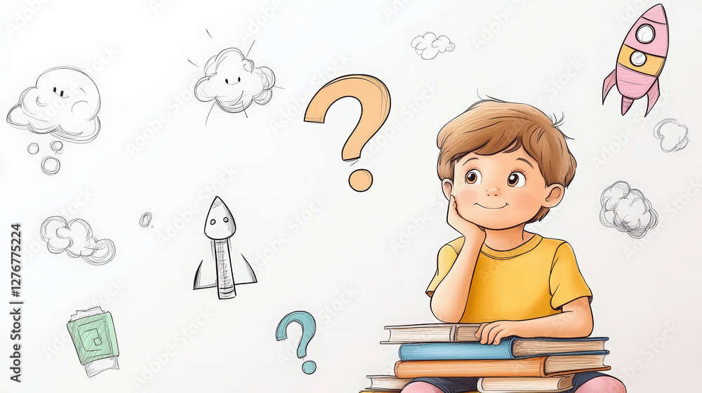 Young boy contemplating future innovations while sitting on books; surrounded by imaginative doodles of rockets and clouds. Ideal for educational content. Young boy contemplating future innovations while sitting on books; surrounded by imaginative doodles of rockets and clouds. Ideal for educational content.