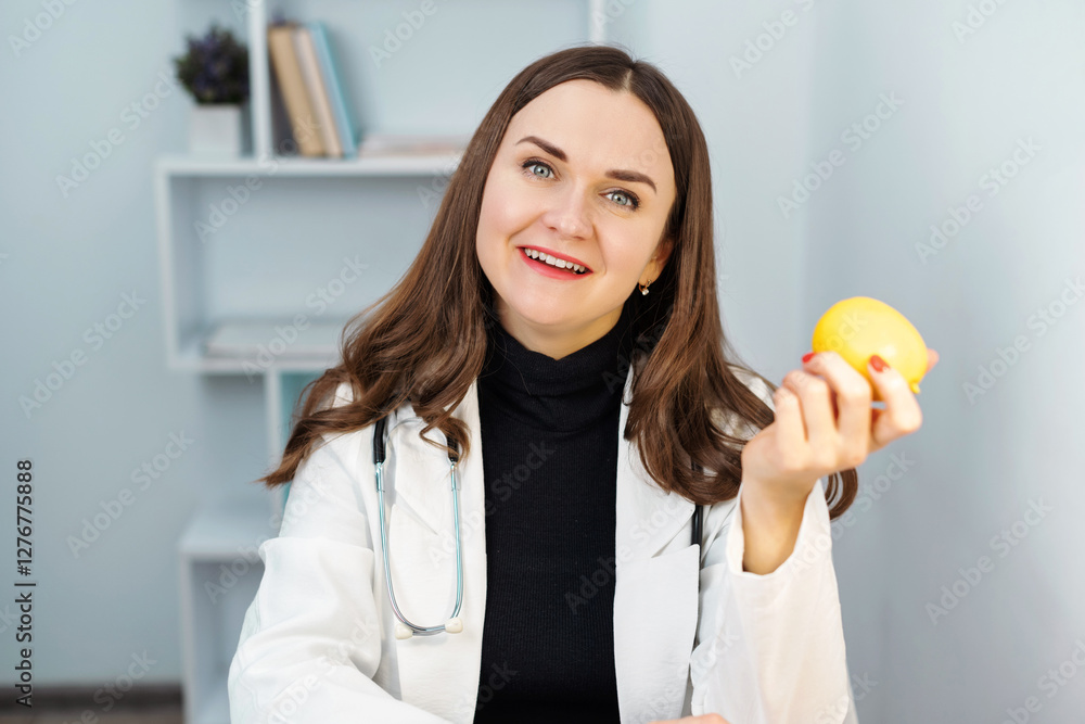 Close up portraite of dietitian holds a lemon in his hand, communicates with a patient remotely via laptop, online consultation. Healthcare consulting. Telemedicine Close up portraite of dietitian holds a lemon in his hand, communicates with a patient remotely via laptop, online consultation. Healthcare consulting. Telemedicine