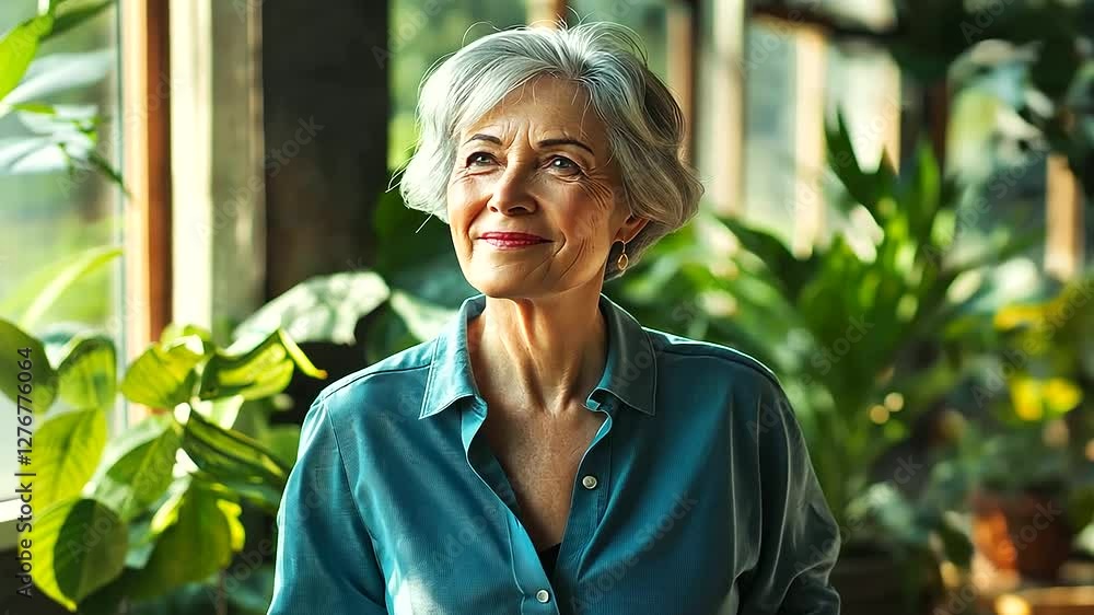 A radiant elderly woman in a soft blue shirt and well-fitted jeans, standing in a sunlit room filled with plants and wooden furniture, exuding a sense of peace and happiness. A radiant elderly woman in a soft blue shirt and well-fitted jeans, standing in a sunlit room filled with plants and wooden furniture, exuding a sense of peace and happiness.