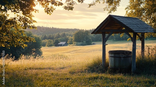 Rustic Well in Golden Hour Rural Landscape