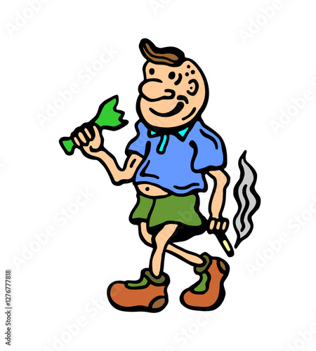 
Color vector image of a young brawler with a cigarette and a broken bottle on a white isolated background