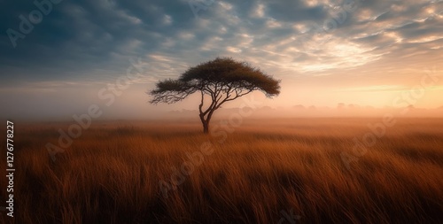 In the center of a vast field, there are two trees standing tall photo