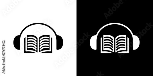 Audiobook icon set. vector illustrations in black and white flat solid style