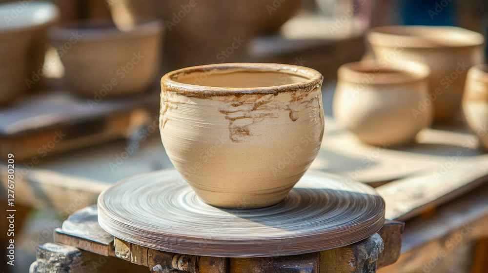 Ceramic cup being crafted on a pottery wheel in an artisan studio during a late afternoon session Ceramic cup being crafted on a pottery wheel in an artisan studio during a late afternoon session