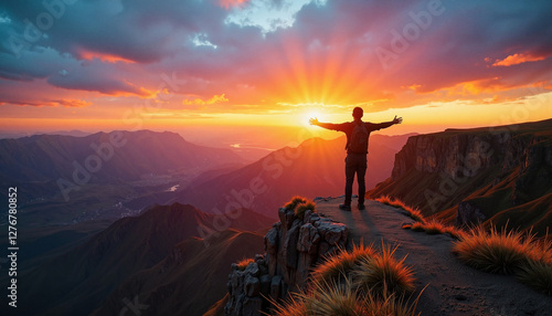 Person embracing sunset on cliff edge, inspiring adventure