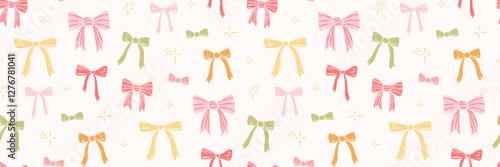 Seamless pattern with decorative ribbon bows and sparkles. Crayon texture. Hand drawn festive wallpaper in pastel shades. Cute and stylish design for fabric, background, gift wrapping, prints.