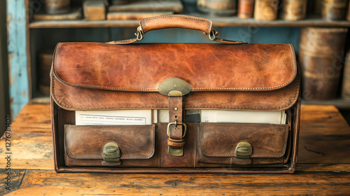 Leather briefcase holds important documents ready for a business meeting in an office setting photo