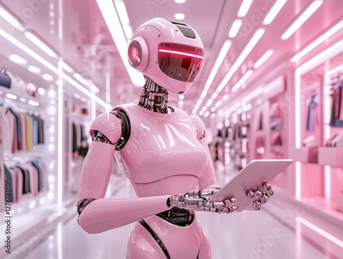 Step into the future of retail in a vibrant, neon-lit fashion store where robotic assistants help customers find their perfect style Experience personalized shopping with cutting-edge AI and sleek