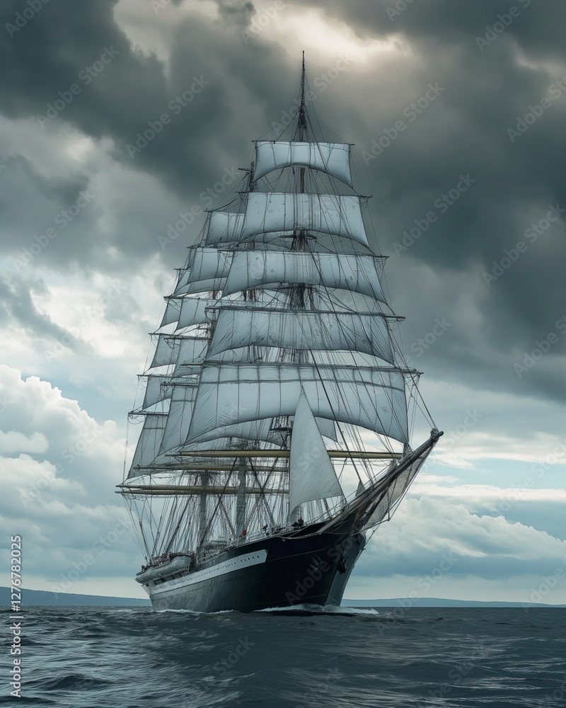 Fototapeta premium A gigantic three-masted schooner with dozens of sa_009