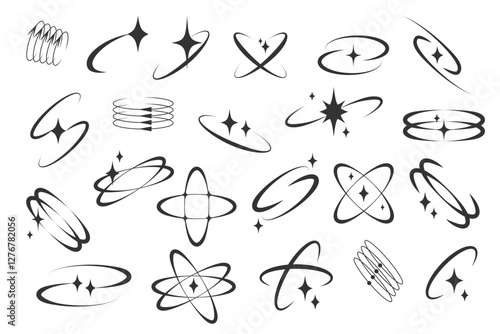 Futuristic spin and sparkle graphic elements. Y2K inspired orbital elements with sparkling details