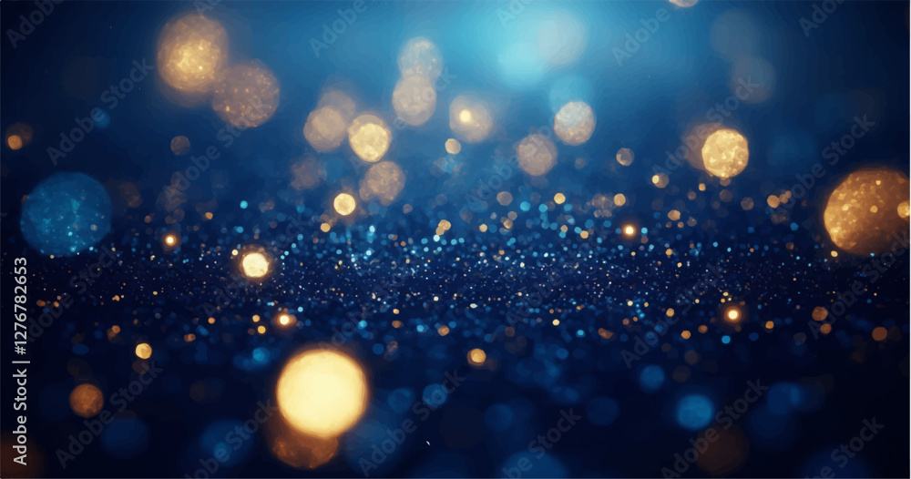 A magical abstract background with shimmering gold and blue bokeh lights. The sparkling particles create a dreamy, luxurious, and festive atmosphere. The image has a soft-focus effect with glowing orb