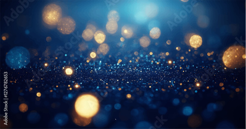 A magical abstract background with shimmering gold and blue bokeh lights. The sparkling particles create a dreamy, luxurious, and festive atmosphere. The image has a soft-focus effect with glowing orb
