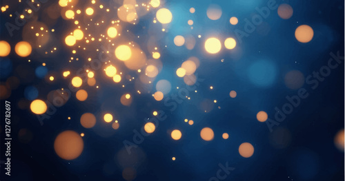 A magical abstract background with shimmering gold and blue bokeh lights. The sparkling particles create a dreamy, luxurious, and festive atmosphere. The image has a soft-focus effect with glowing orb