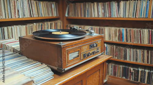 Wallpaper Mural Vinyl record player resting on a wooden shelf surrounded by a collection of music albums in a cozy space Torontodigital.ca