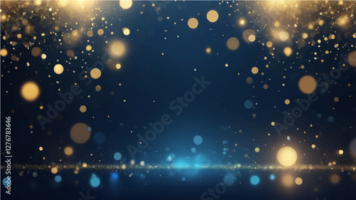 A magical abstract background with shimmering gold and blue bokeh lights. The sparkling particles create a dreamy, luxurious, and festive atmosphere. The image has a soft-focus effect with glowing orb