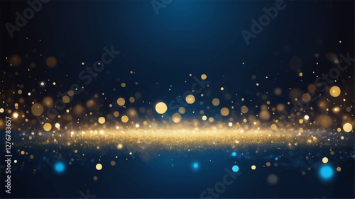 A magical abstract background with shimmering gold and blue bokeh lights. The sparkling particles create a dreamy, luxurious, and festive atmosphere. The image has a soft-focus effect with glowing orb