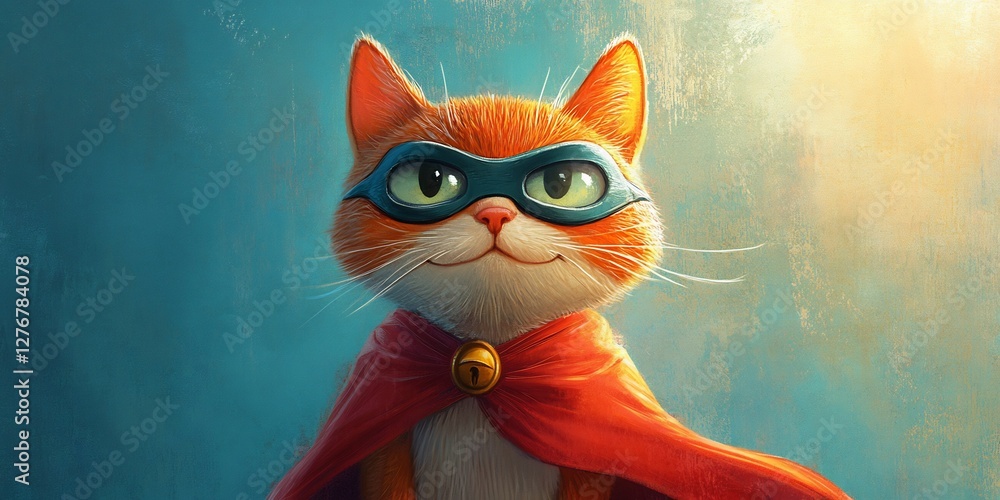 Obraz premium illustrated superhero cat tiny cape mask